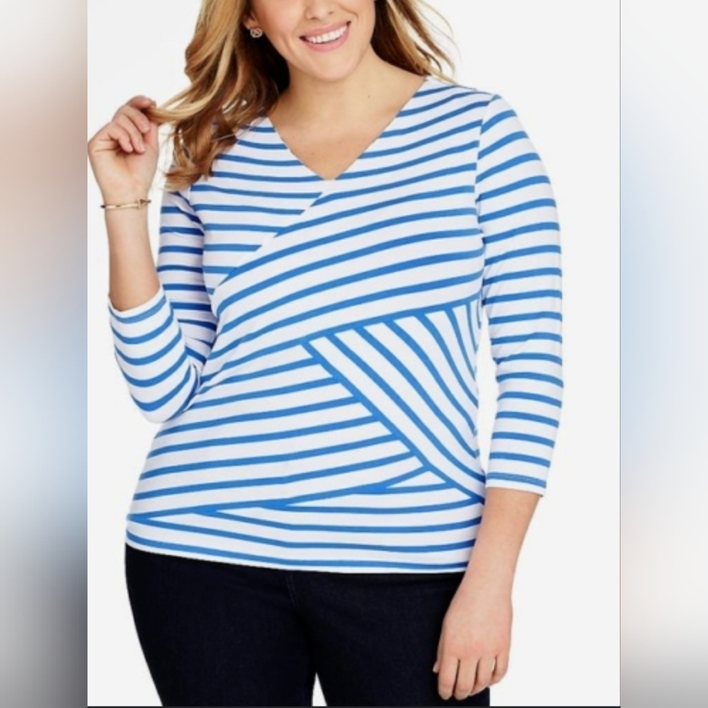 TALBOTS Trendy blue white striped 3/4 sleeve knit top NEW 0X